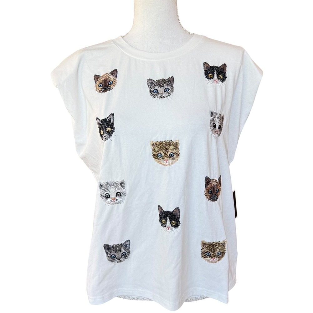 On 12th White Muscle Tee Padded Shoulder Rhinestone Cat Graphic Top Large NEW